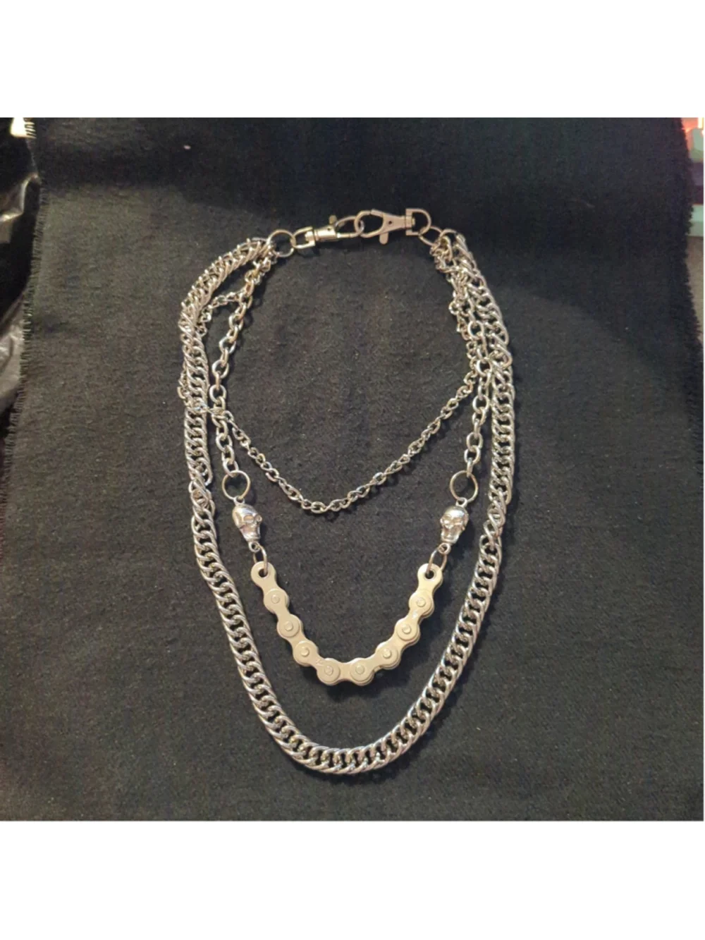 Silver Tone Skull and Bike Chain Layered Punk Wallet Chain